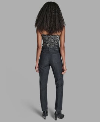 Women's Grommet Straight Leg Mid Rise Jeans