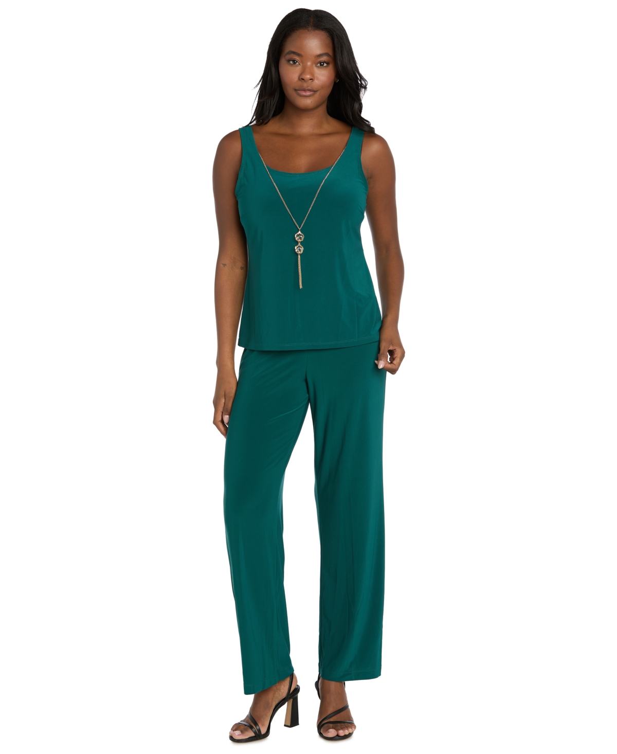 R & M Richards Women's Soutache Long Jacket, Necklace Top & Pants Set In Green