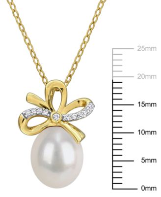 Cultured Freshwater Pearl (9-10mm) & White Sapphire Bow Pendant Necklace (1/10 ct. t.w.) in 18k Gold Flash Plated Sterling Silver