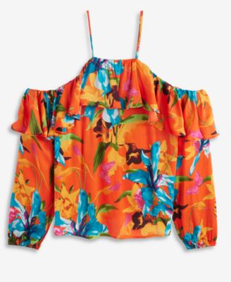 Women's Printed Ruffled Cold-Shoulder Top, Macy's Exclusive 