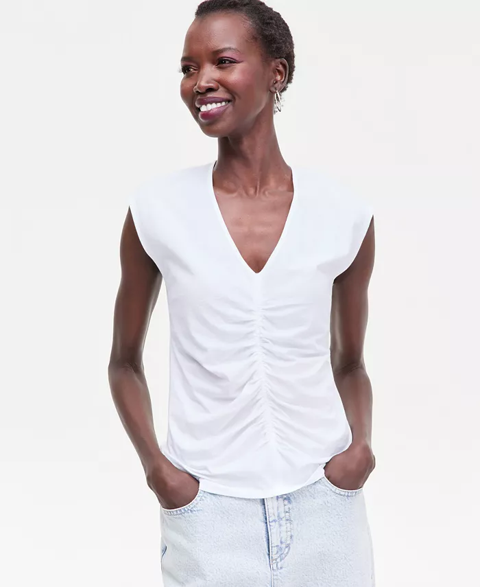 Women's Cap Sleeve Ruched Cotton V-Neck T-Shirt - thumbnail 10
