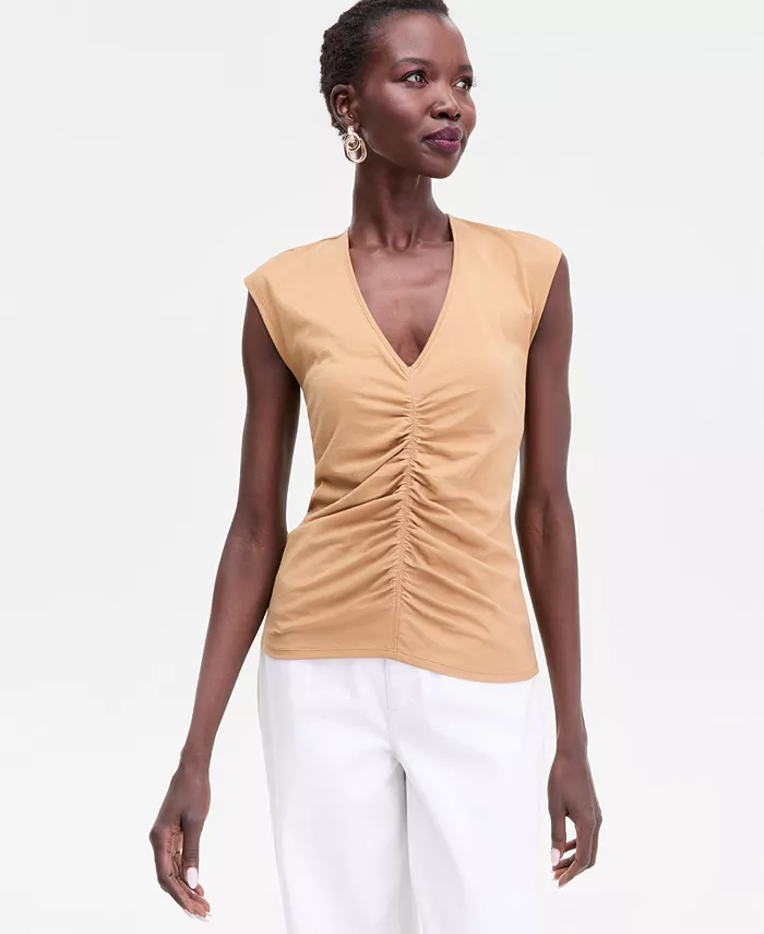 Women's Cap Sleeve Ruched Cotton V-Neck T-Shirt - thumbnail 4