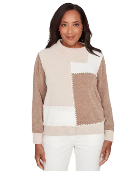 Women's Petite Vienna Color-Block Long-Sleeve Sweater - Mocha