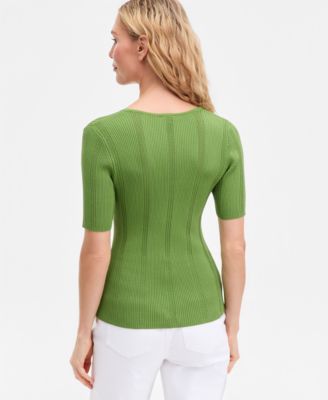 Women's Short-Sleeve V-Neck Pointelle Rib Knit Sweater