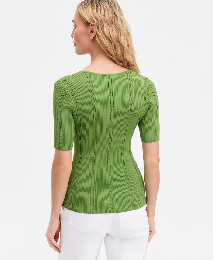 Women's Short-Sleeve V-Neck Pointelle Rib Knit Sweater - thumbnail 9