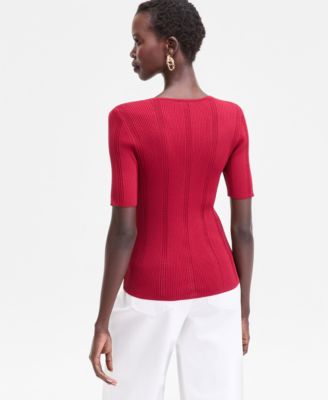 Women's V-Neck Short Sleeve Ribbed Knit Sweater, Macy's Exclusive