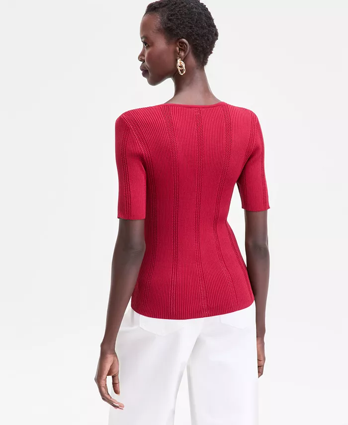 Women's Short-Sleeve V-Neck Pointelle Rib Knit Sweater - thumbnail 2