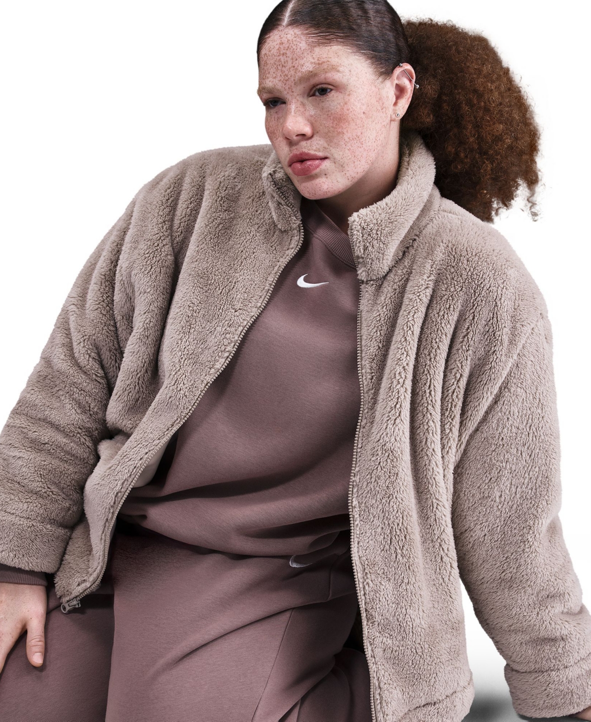 Nike Plus Size Sportswear Essential High-pile Fleece Jacket In Brown