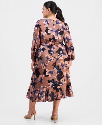Plus Size Floral Print Faux-Wrap Midi Dress