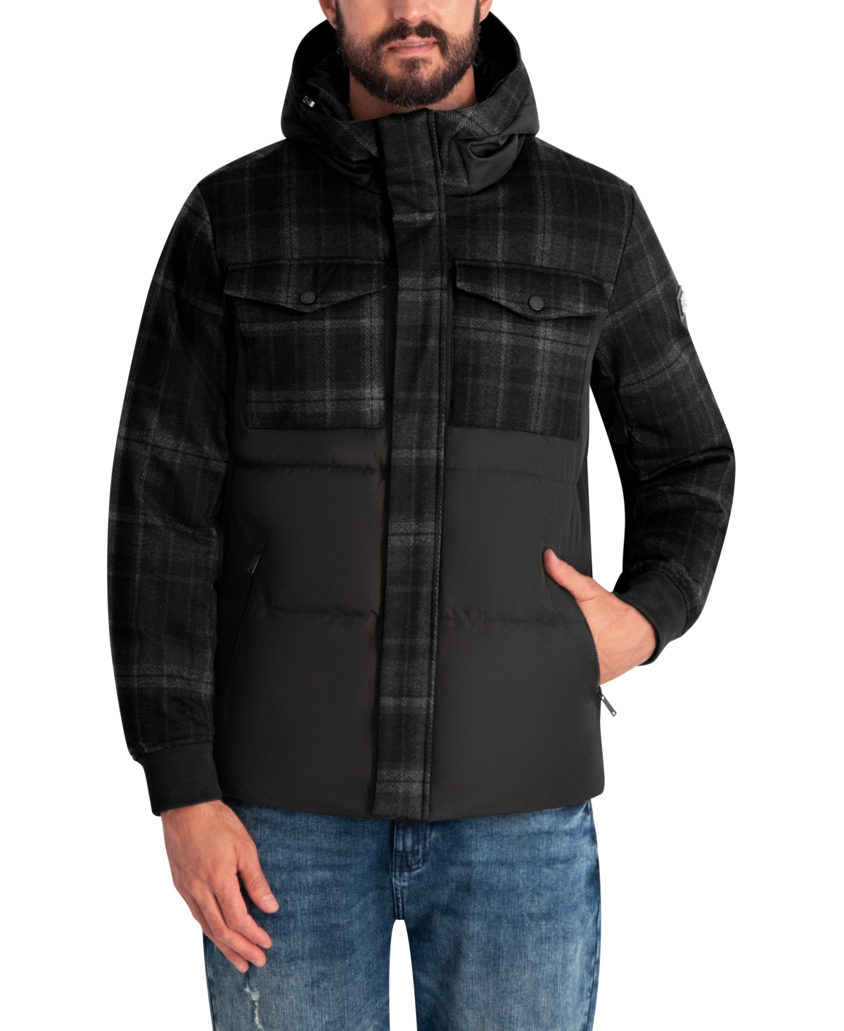 Karl Lagerfeld Paris Men's Mixed Media Hooded Puffer