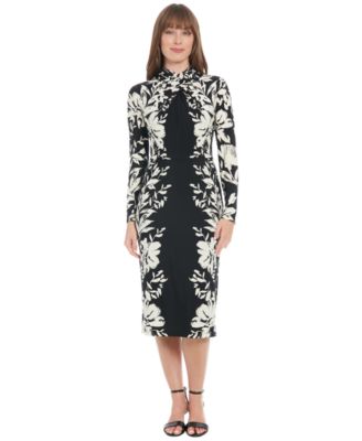 London Times - Women's Long-Sleeve Criss-Cross Neck Midi Dress