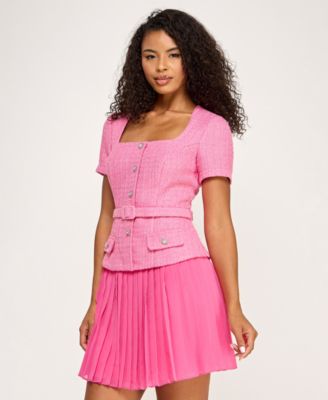 Women's Square Neck Short-Sleeve Belted Dress