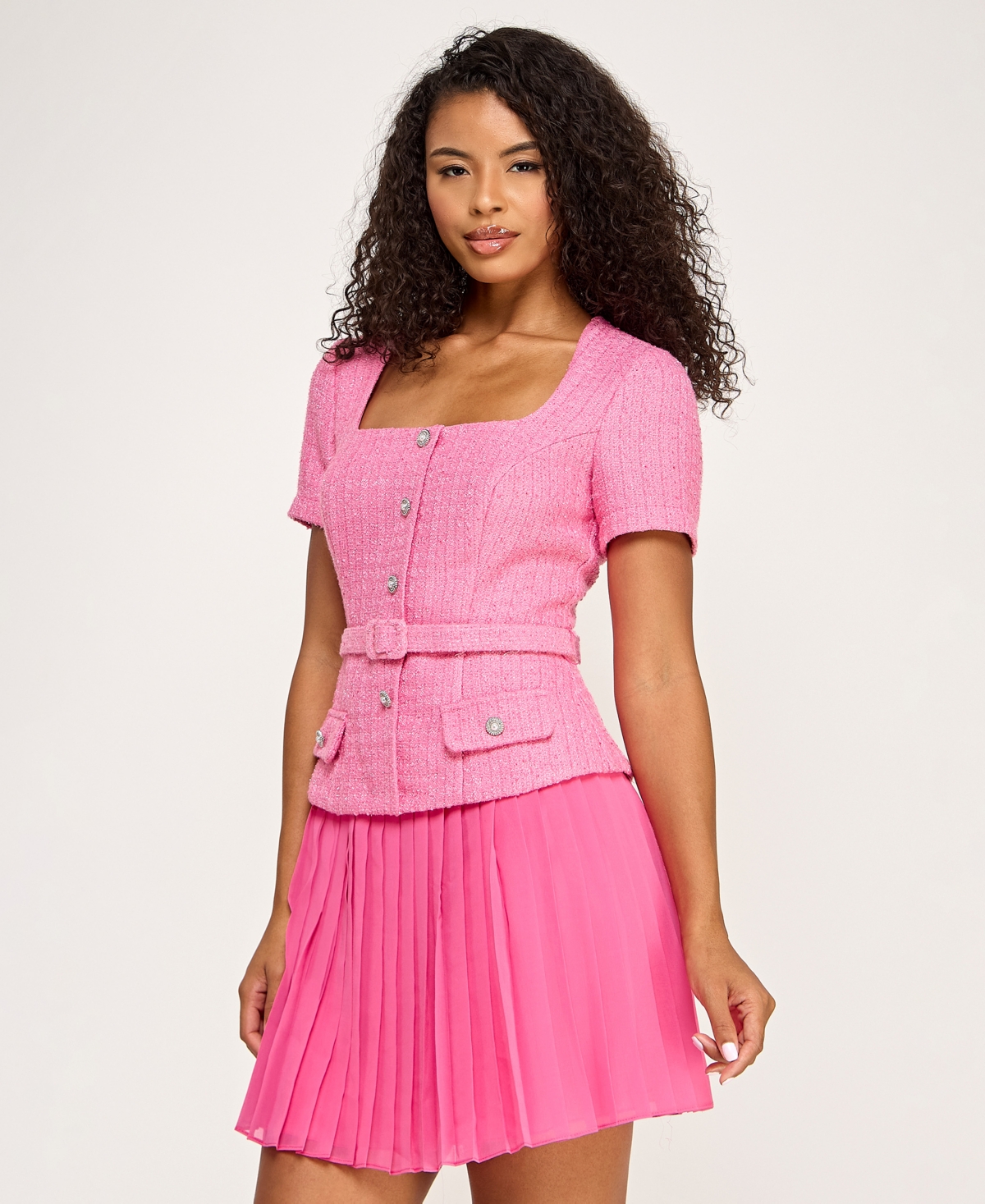 City Studios Women's Square Neck Short-Sleeve Belted Dress