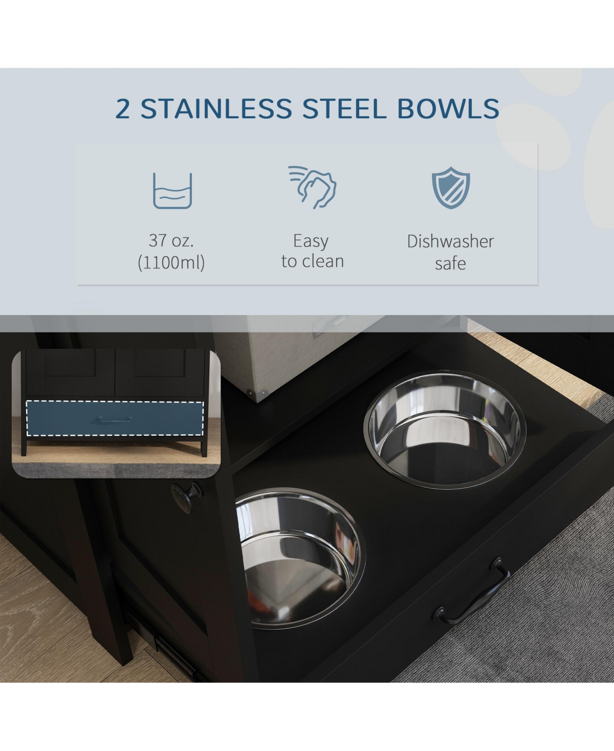 PawHut Dog Feeding Station w/ Raised Dog Bowls, Adjustable Panel, Black