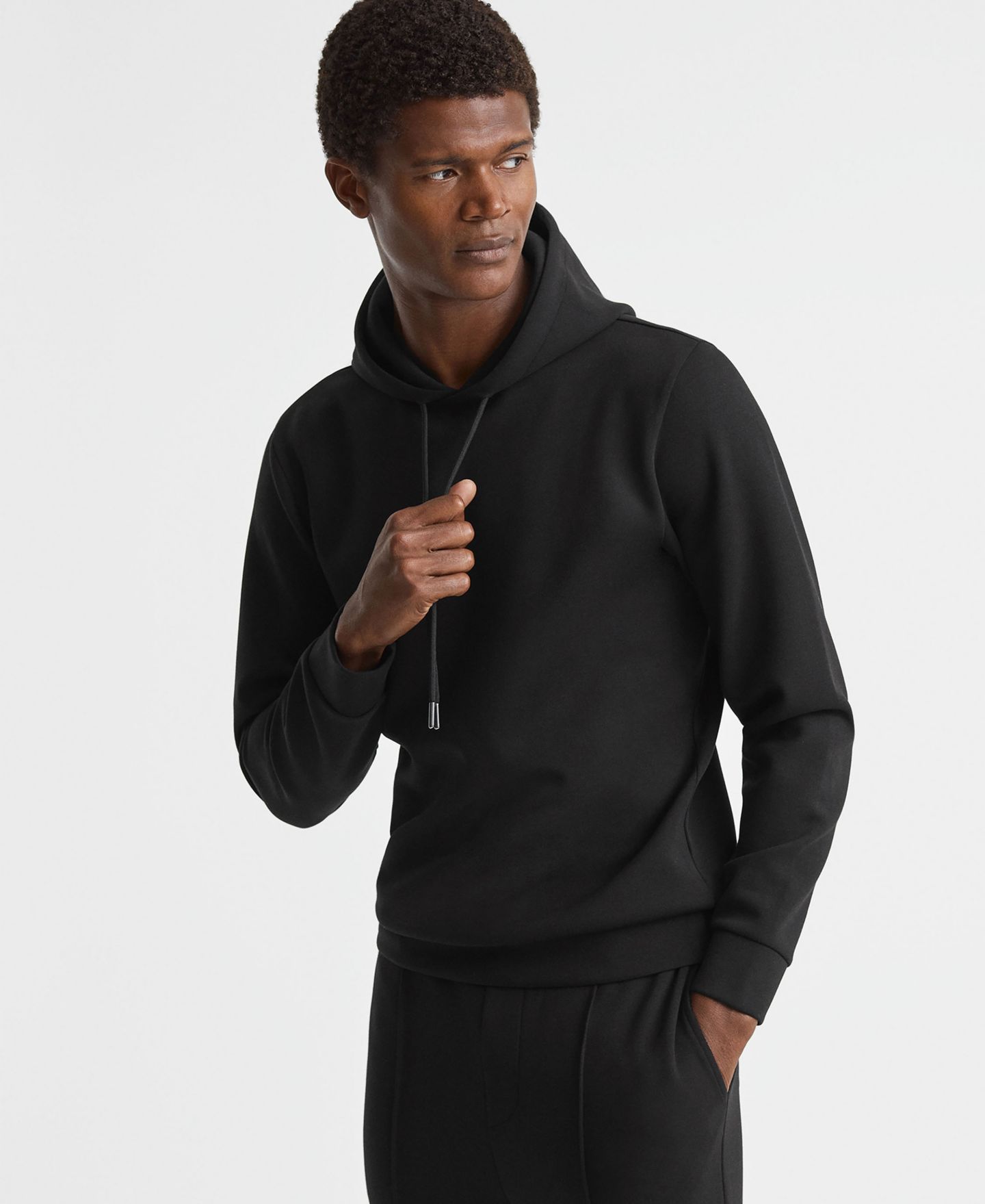 Мужское худи REISS Fabien Interlock Jersey Drawstring, цвет: Чёрный — фото 1