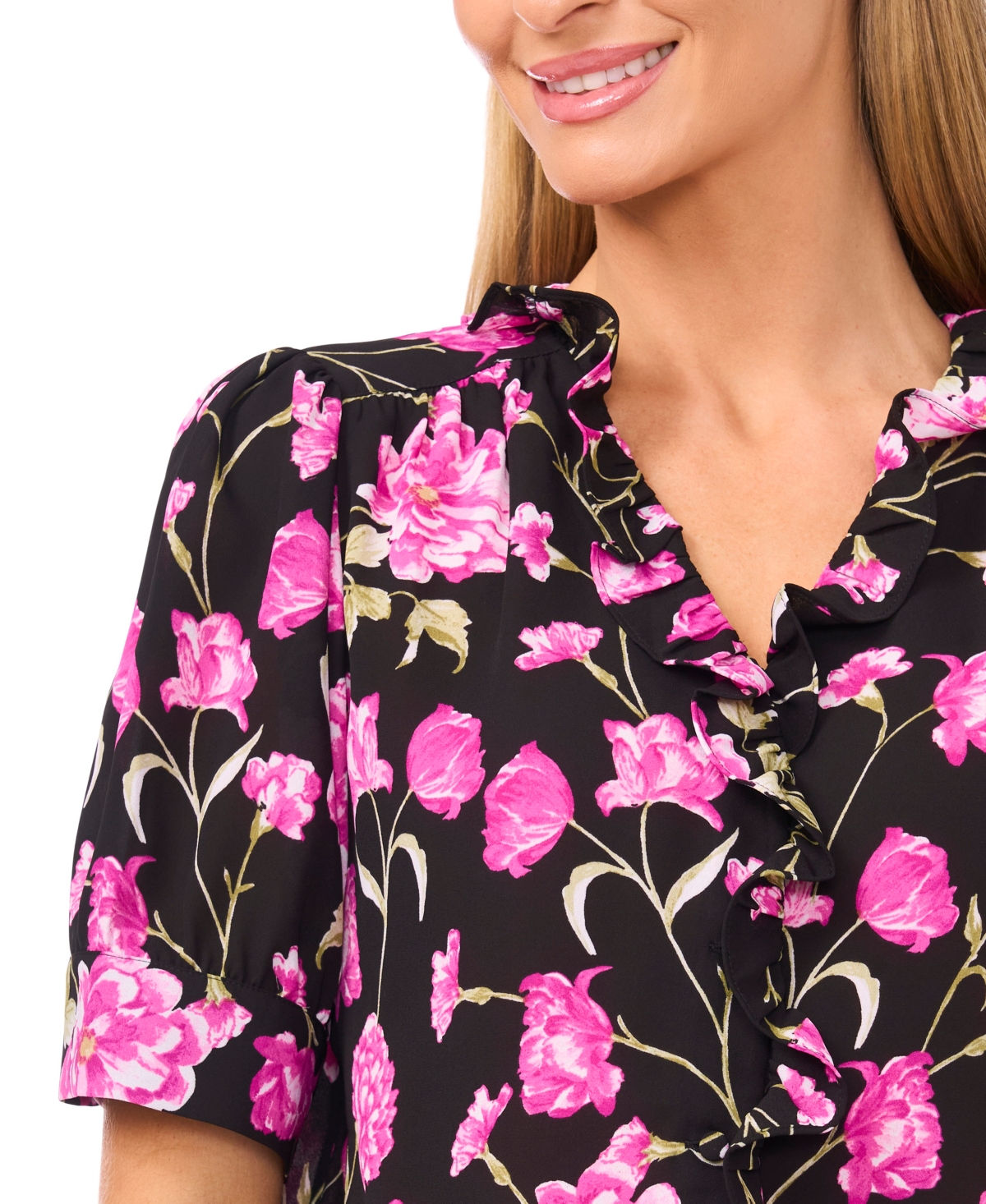 CeCe Women's Puff Short-Sleeve Button Down Ruffle Top