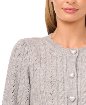 Women's Valentine's Crewneck Heart-Button Pointelle Cardigan Sweater