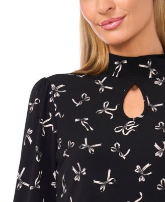 Women's Keyhole Mock Neck Elbow Sleeve Knit Top