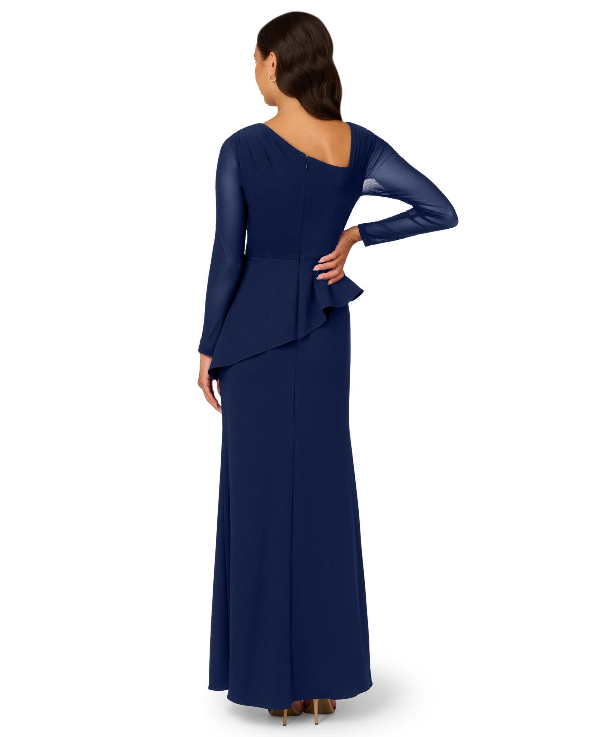 Adrianna Papell Women's Mesh-long-sleeve Crepe Gown In Blue