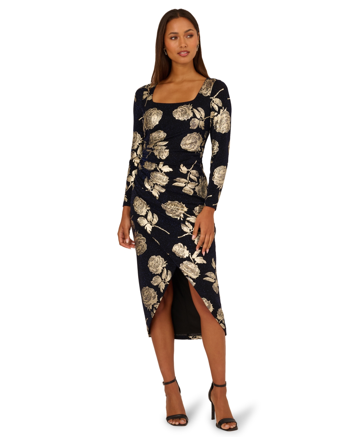 Adrianna Papell Women's Floral Metallic Long-Sleeve Dress