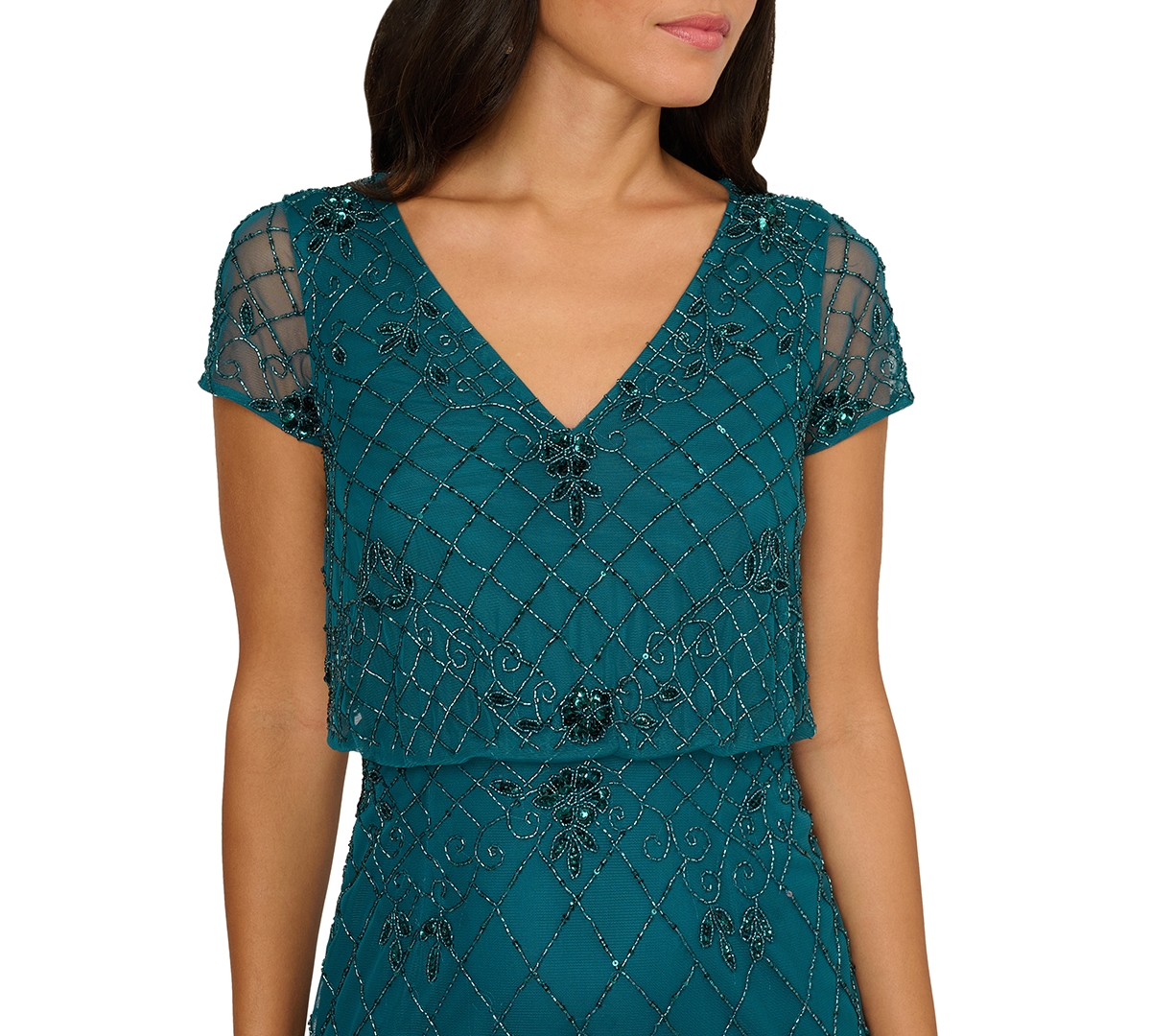 Adrianna Papell Women's Blouson Beaded Long Dress