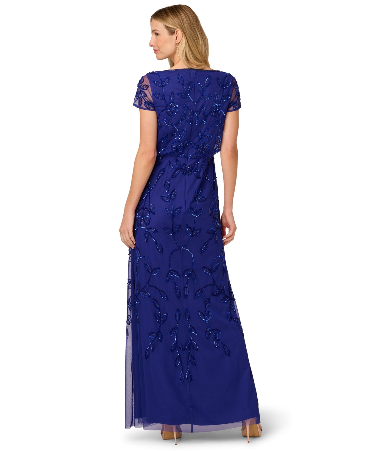 Adrianna Papell Women's Floral Bead Embellished Blouson Short-sleeve Gown In Blue