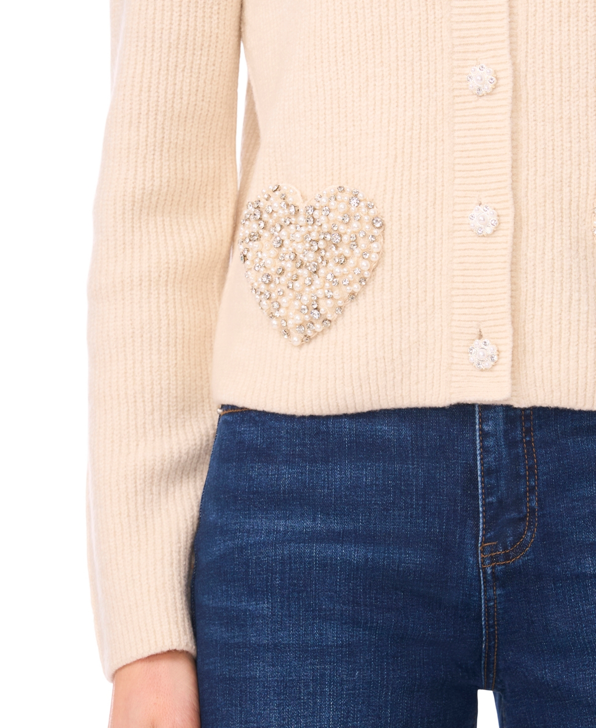 CeCe Women's Crewneck Rhinestone Heart Pocket Cardigan