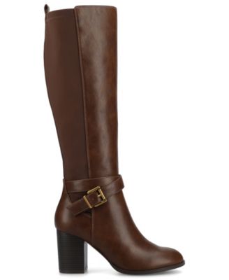 Journee Womens Avalonn Buckle Strap Knee High Stacked Heel Inside Zipper Wide-Calf Comfort Dress Boots