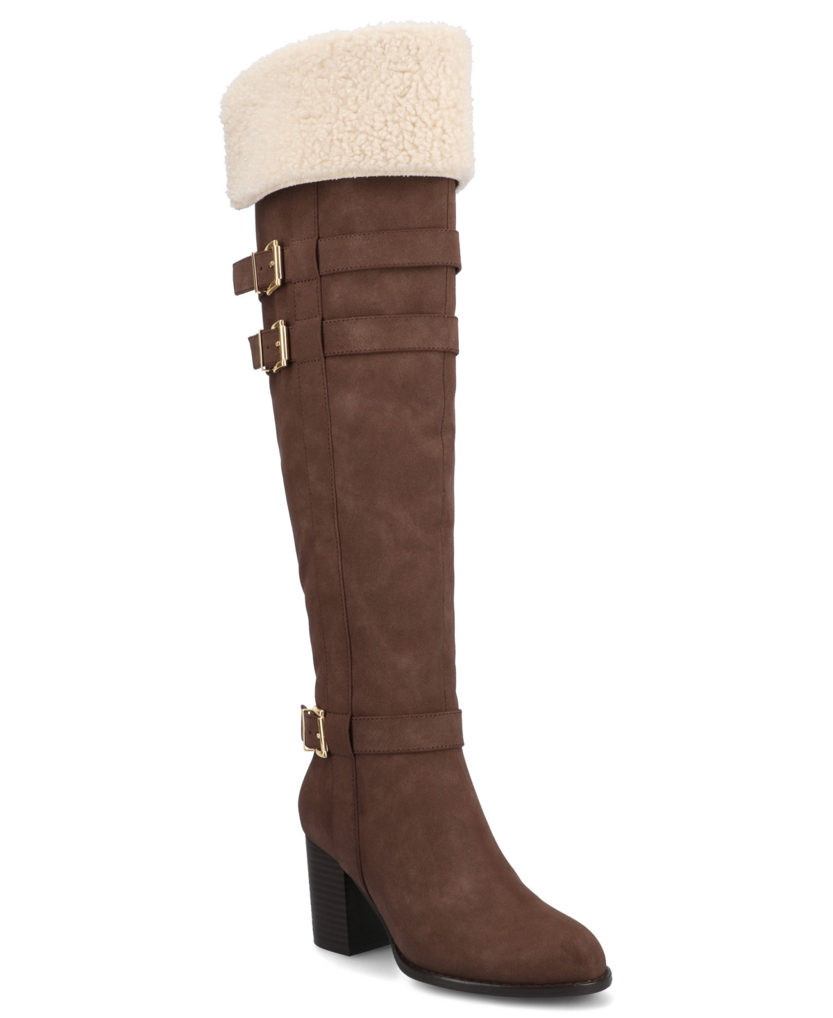 Journee Collection Journee Women's Alyza Buckle Detail Over-the-knee Inside Zipper Almond Toe Comfort Sherpa Boots In Brown