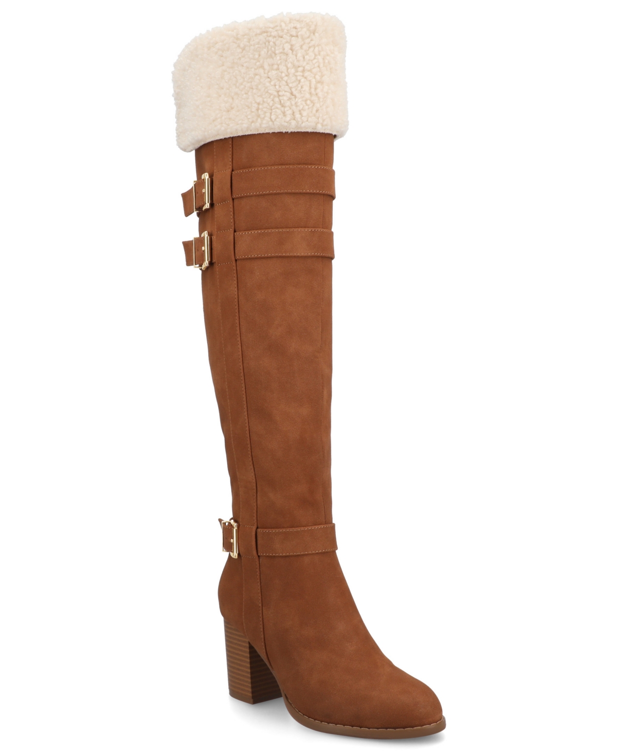 Journee Collection Journee Women's Alyza Buckle Detail Over-the-knee Inside Zipper Almond Toe Comfort Sherpa Boots In Brown
