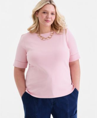 Plus Size Boat-Neck Elbow Sleeve Cotton Top