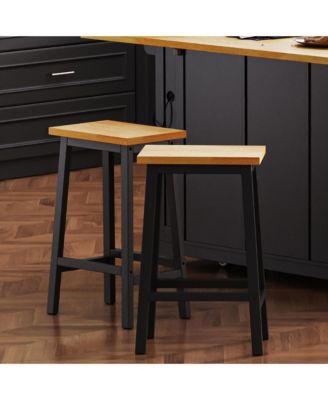 Solid Wood Bar Stools, Set of 2, 25.6" High with Footrests, Farmhouse Style Kitchen Counter Height Chairs