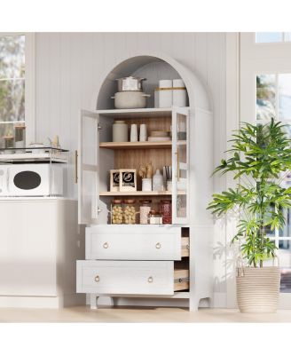 71" Tall Arched Kitchen Pantry Cabinet with Glass Doors, Adjustable Shelves & 2 Large Drawers