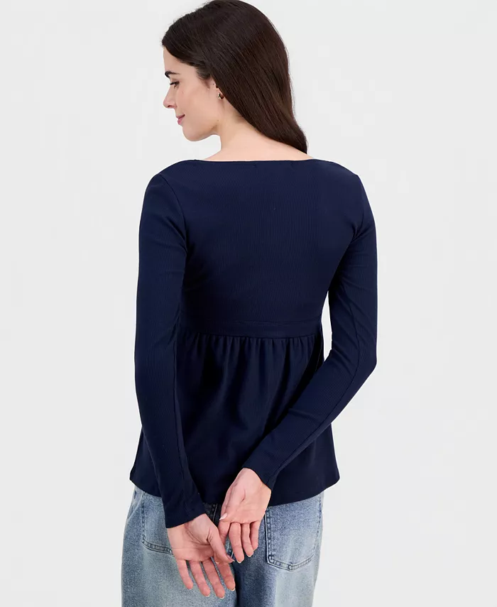 Juniors' Long Sleeve Ribbed Babydoll Top - thumbnail 2
