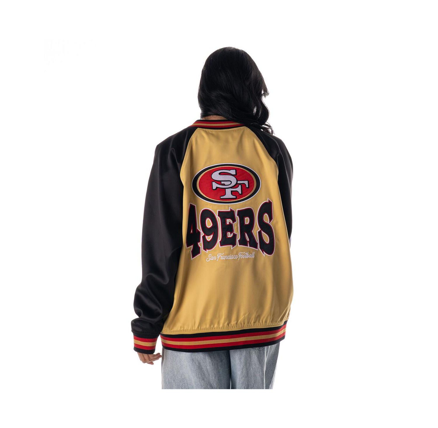 Women's Gold San Francisco 49ers Oversized Satin Raglan Full-Snap Bomber Jacket