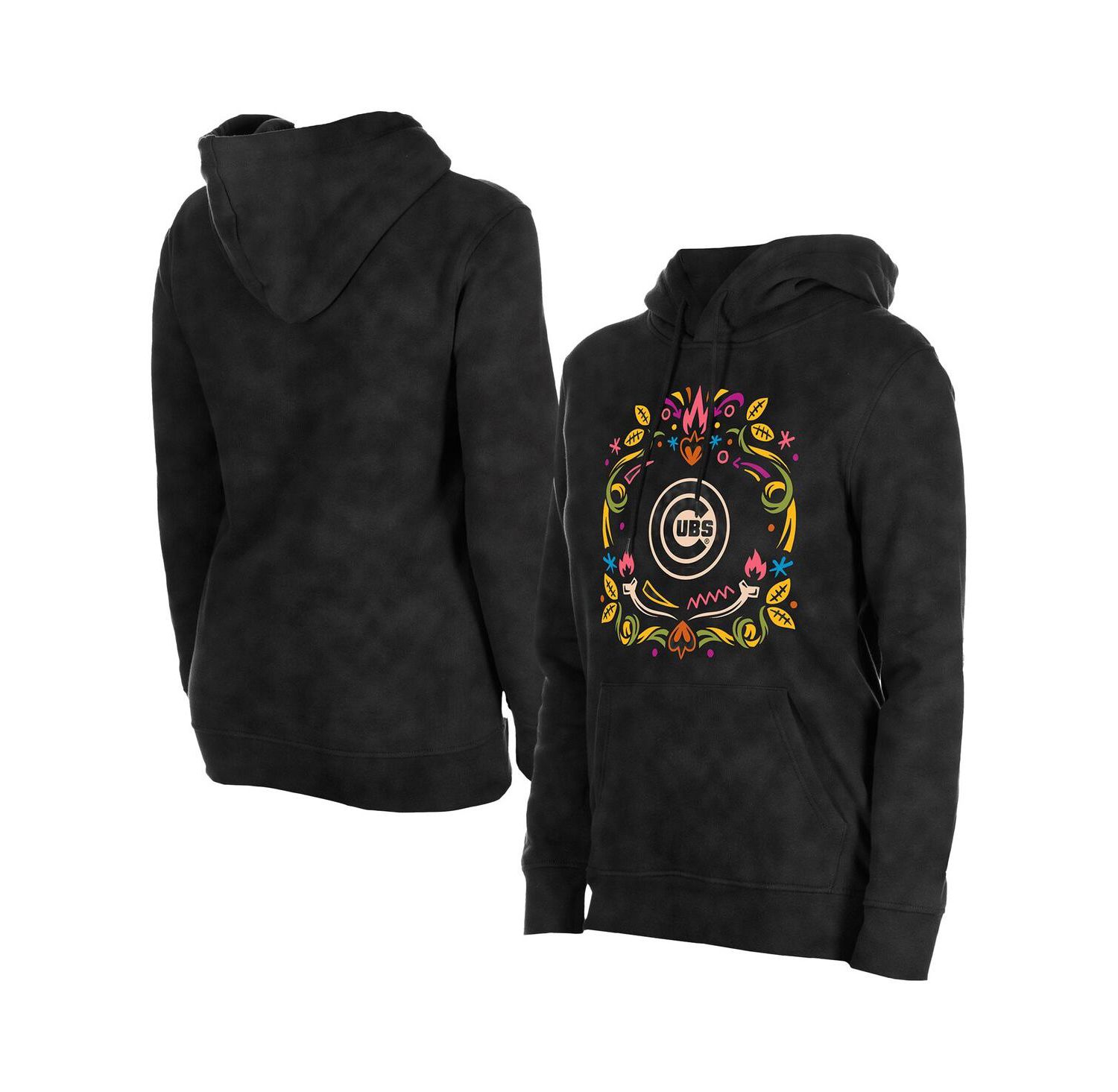 Women's Black Chicago Cubs Día de Muertos Mineral Wash Hoodie Sweatshirt