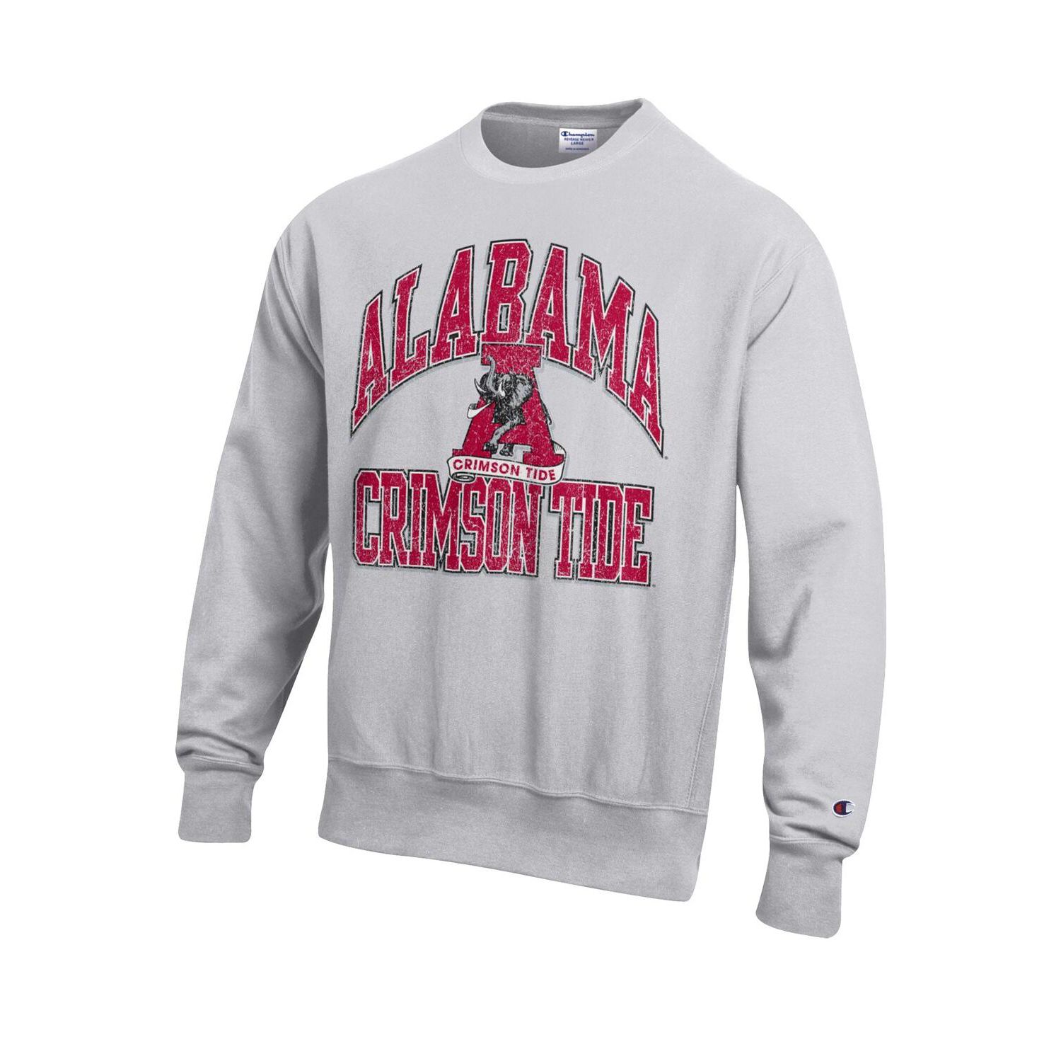 Men's Gray Alabama Crimson Tide Distressed Arch Over Logo Reverse Weave Crew Neck Sweatshirt