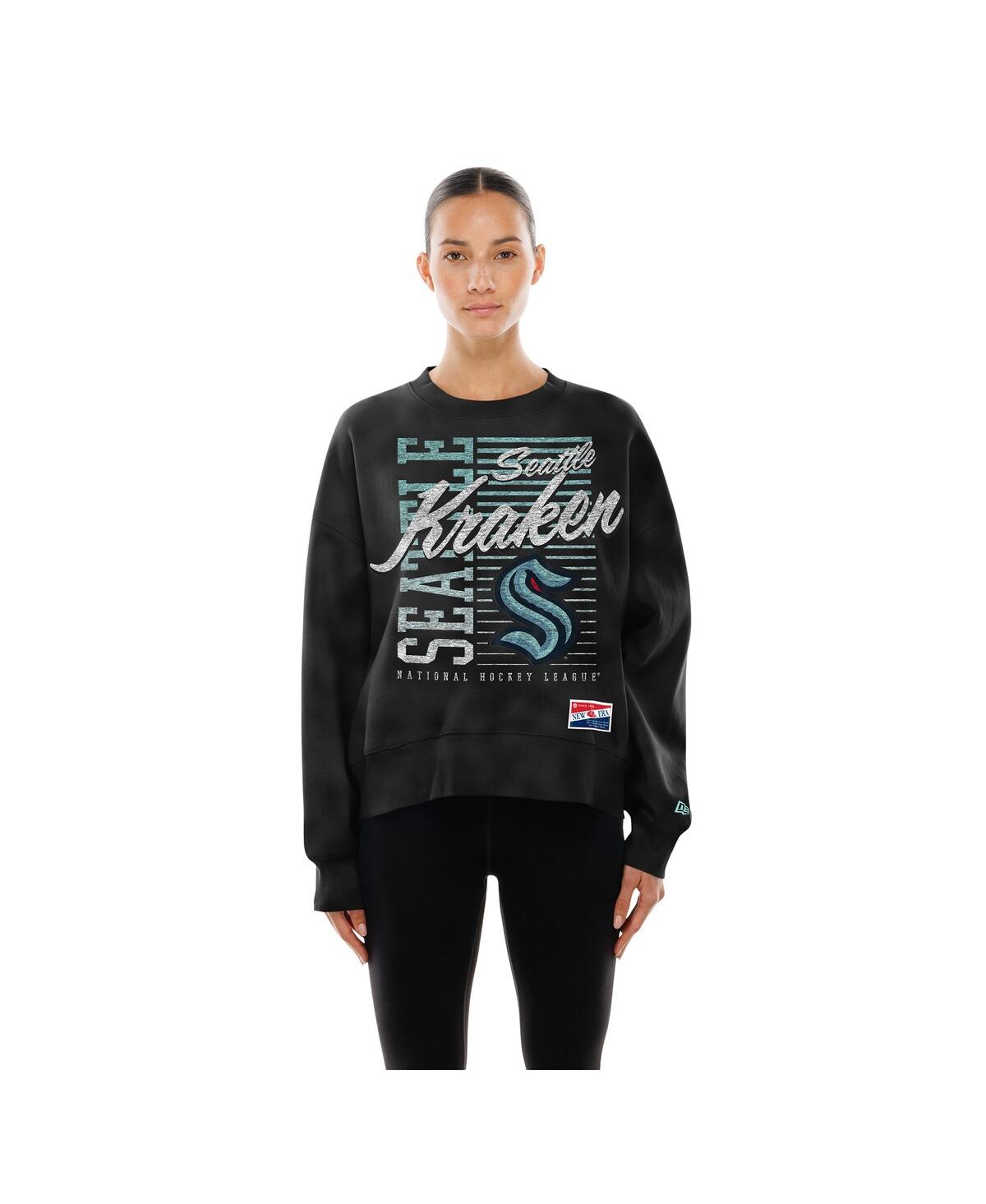 New Era Women's Black Seattle Kraken Oversized Throwback Mineral Wash Sweatshirt In Black