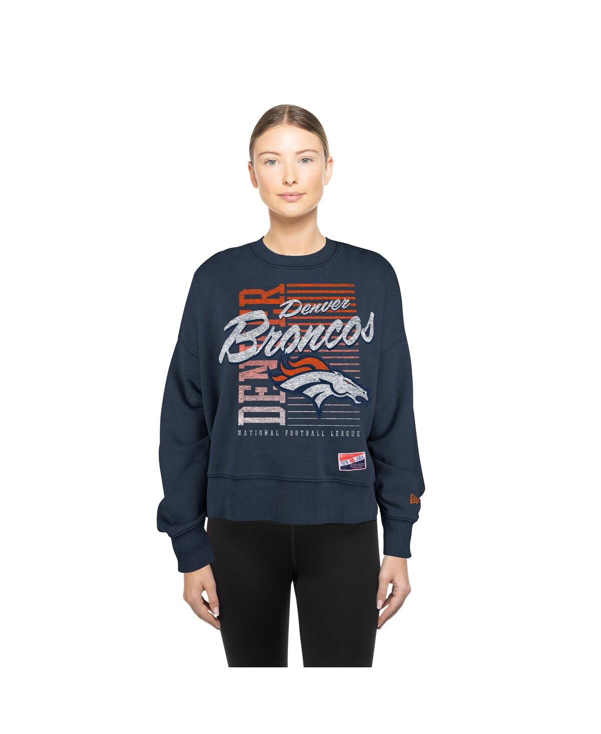 New Era Women's Navy Denver Broncos Oversized Throwback Mineral Wash Crew Neck Sweatshirt In Blue