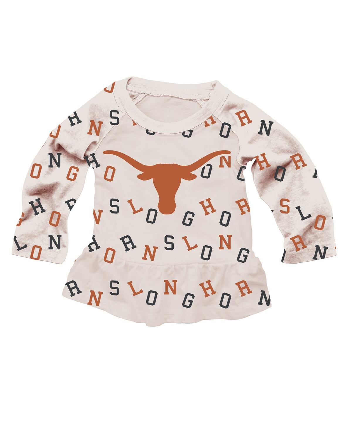 Wes & Willy Girls Toddler 2-piece Oatmeal Texas Longhorns Ruffle Raglan Long Sleeve T-shirt And Leggings Set In Brown