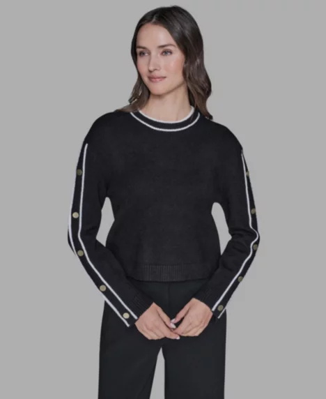 Petite Crewneck Long-Sleeve Sweater - Black