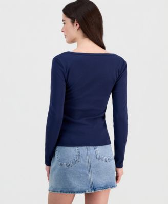 Juniors' Scoop-Neck Long-Line Henley Top