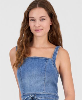 Juniors' Tie-Waist Denim Wide-Leg Jumpsuit