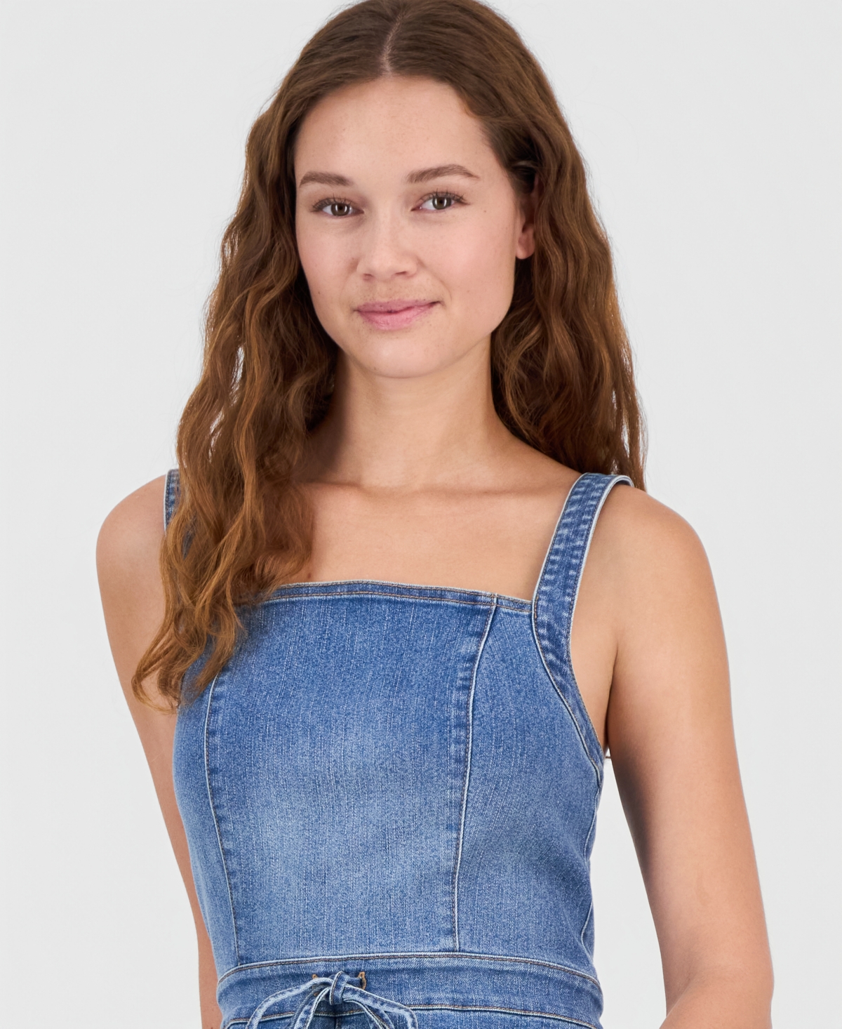 Tinseltown Juniors' Tie-Waist Denim Wide-Leg Jumpsuit