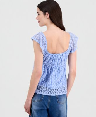 Juniors' Floral Lace Flutter-Sleeve Babydoll Top