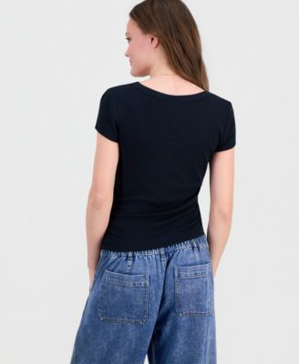 Juniors' Side-Ruched Ribbed-Knit T-Shirt