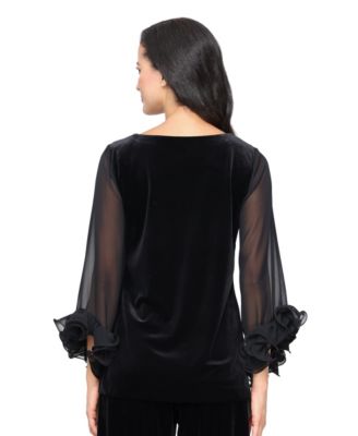 Women's Illusion Ruffle Sleeve Velvet Blouse