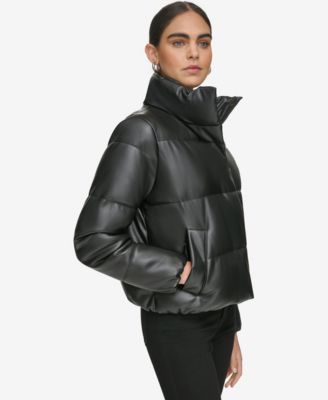 Women's Short Faux-Leather Puffer Jacket