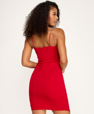 Juniors' Rhinestone-Strap Asymmetrical-Hem Bodycon Dress