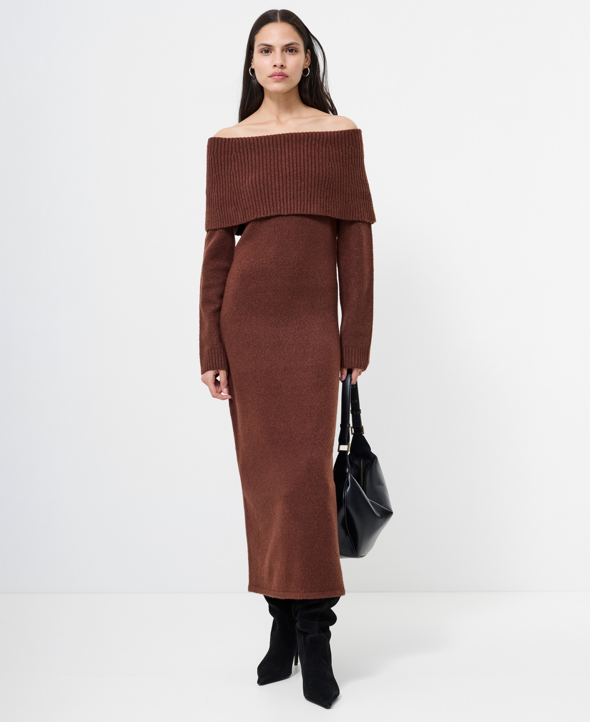 French Connection Emilia Off The Shoulder Long Sleeve Maxi Sweater Dress In Brown